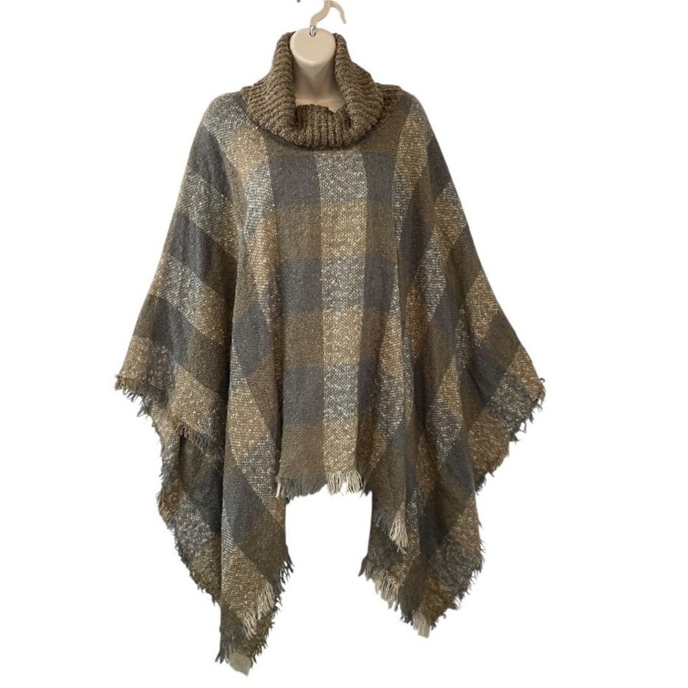 Plaid Poncho Cowl‎ Neck Chunky Knit Cowl Neck Long Line Fringe Gray Beige OS
